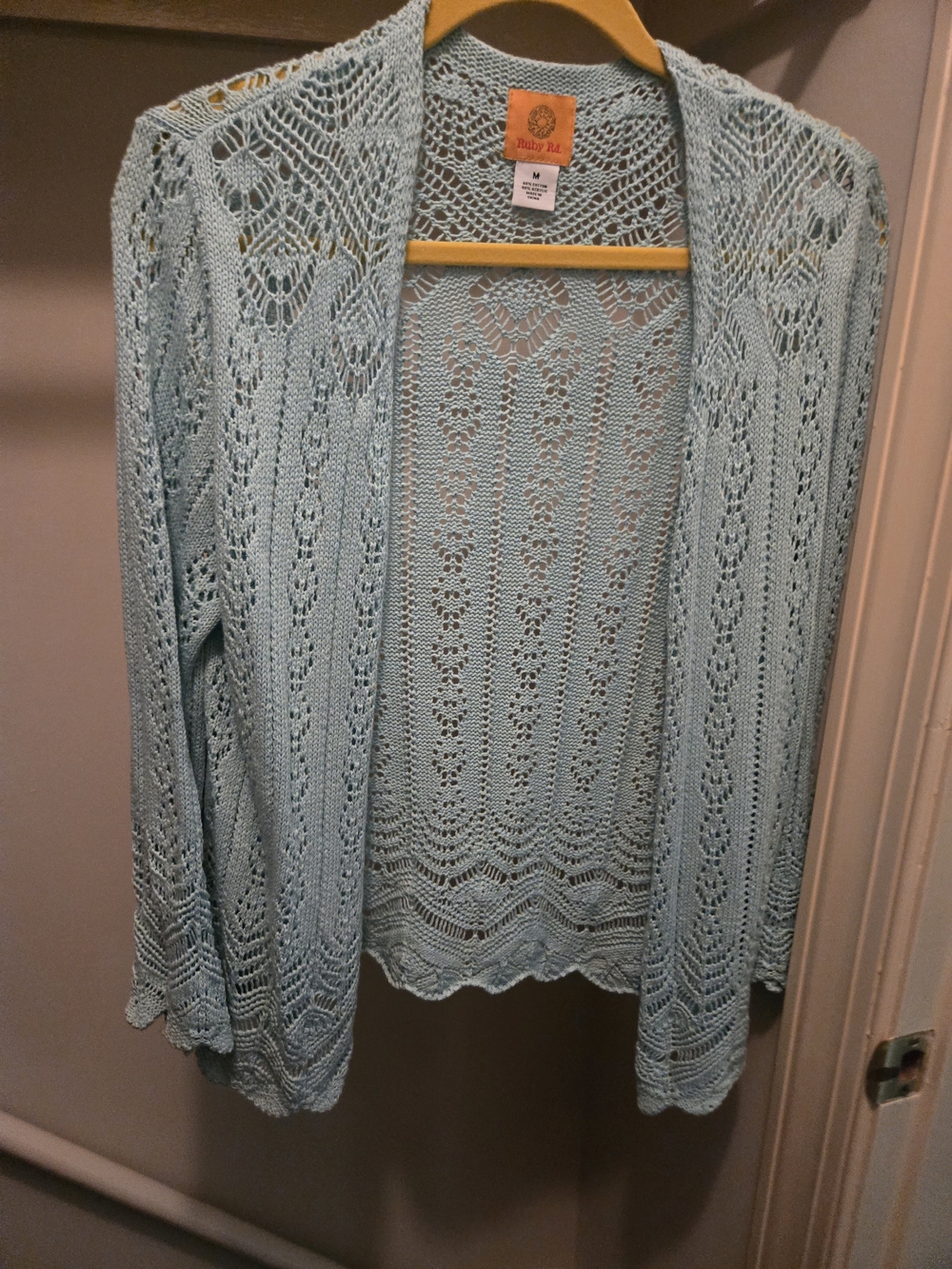 Ruby Rd. Light Aqua Openwork Knit Cardigan